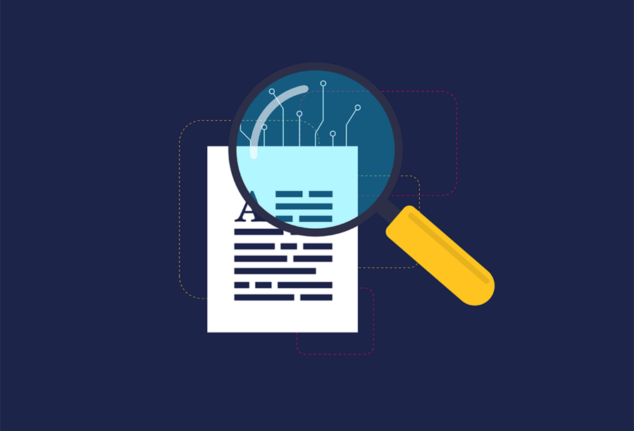 Illustration of a magnifying glass hovering over text on a page and revealing circuit board traces. Can we still detect AI-generated content?
