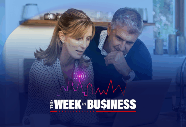 A couple looking at a laptop with a text overlay that reads "This Week in Business," featuring city skyline graphics and a line graph.